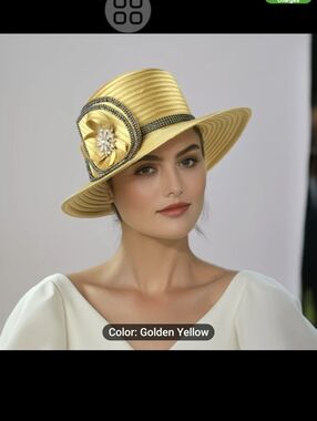 Elegant Golden Yellow Women's Dress Hat with Decorative Brooch